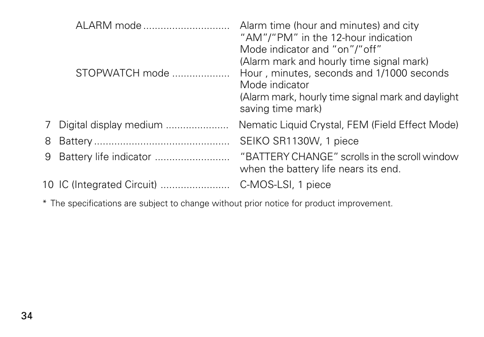 Seiko H022 User Manual | Page 34 / 34