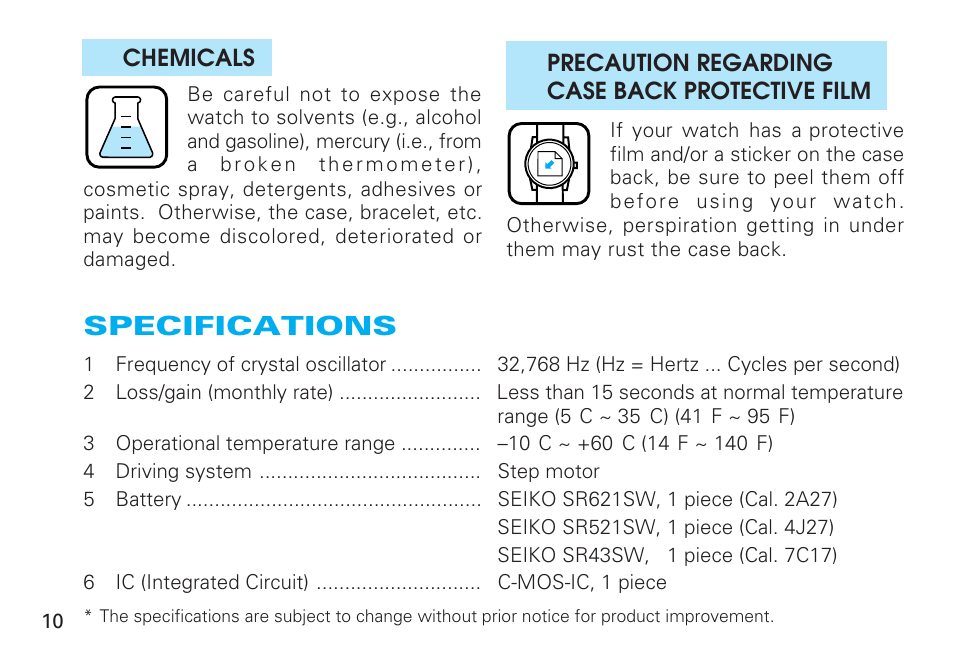 Specifications | Seiko 4J27 User Manual | Page 10 / 10