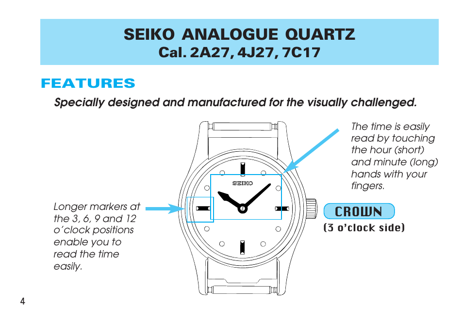 Features, Seiko analogue quartz | Seiko 4J27 User Manual | Page 4 / 10