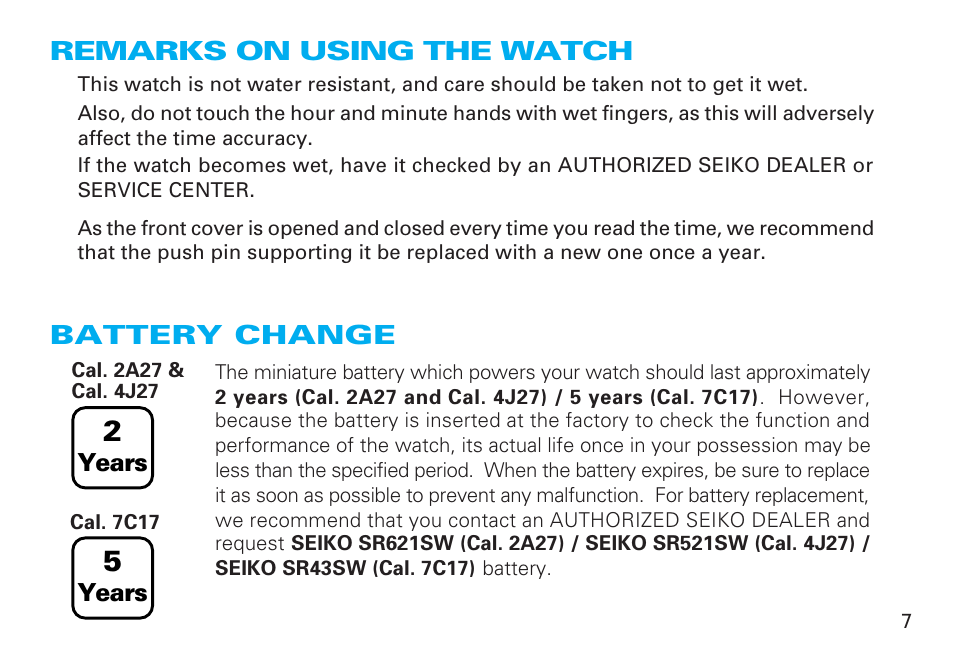 Remarks on using the watch, Battery change | Seiko 4J27 User Manual | Page 7 / 10