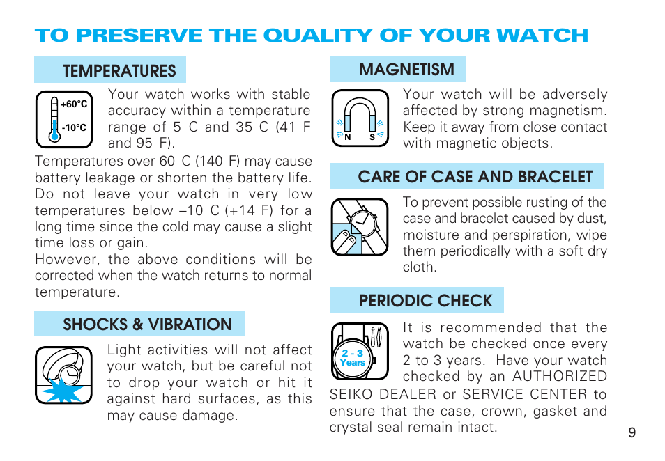 To preserve the quality of your watch, English, Temperatures ■ magnetism | Shocks & vibration, Care of case and bracelet, Periodic check | Seiko 4J27 User Manual | Page 9 / 10