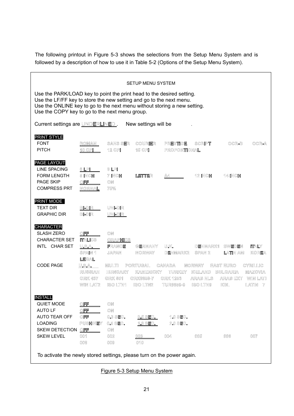 Options of the setup menu system, Seiko precision fb-390 | Seiko FB 390 User Manual | Page 26 / 50
