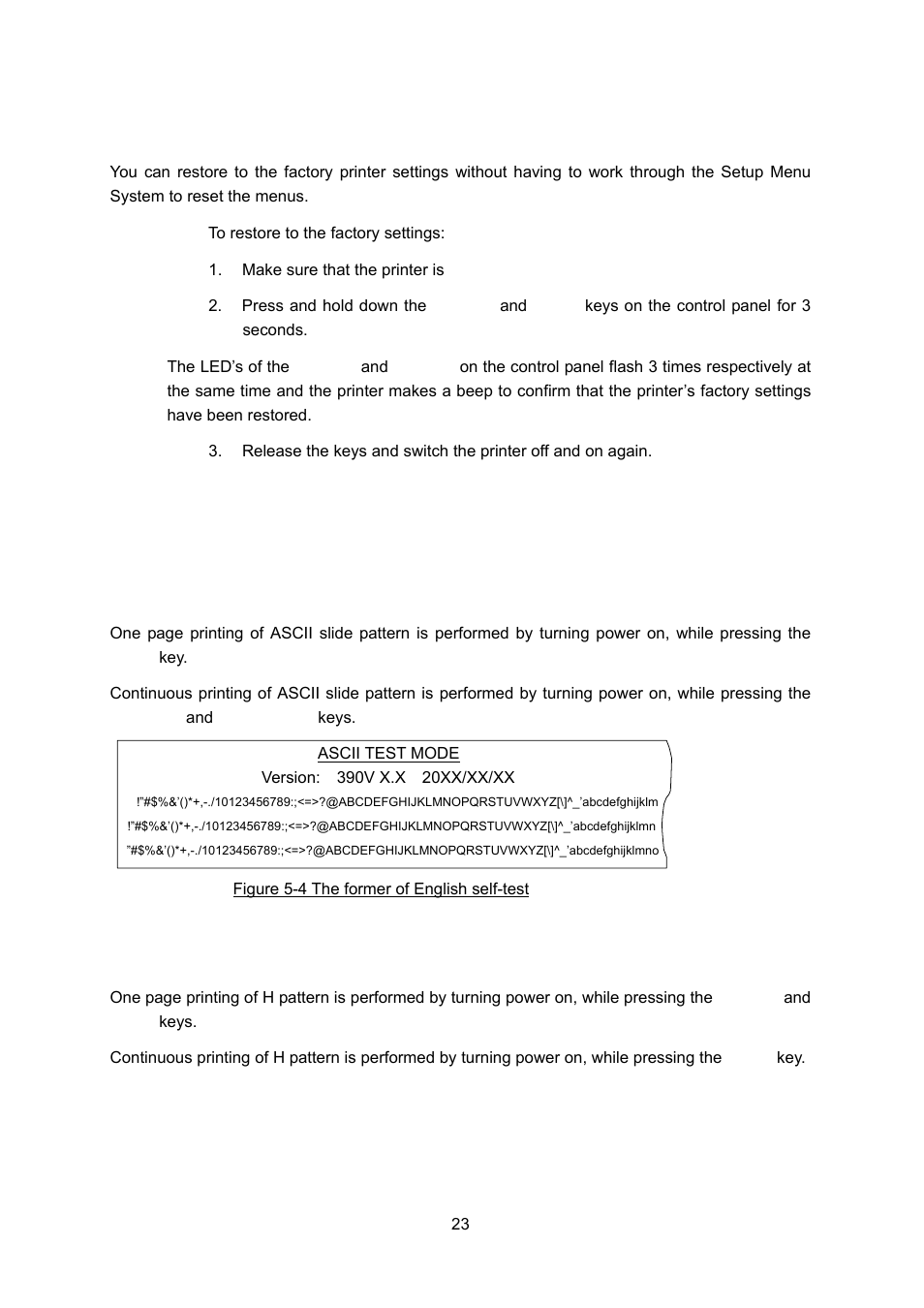 Restoring factory printer settings, Using the self test functions, Slide pattem printing test | Maintenance printing test（h pattem, Slide pattern printing test, Maintenance printing test (h pattern) | Seiko FB 390 User Manual | Page 28 / 50