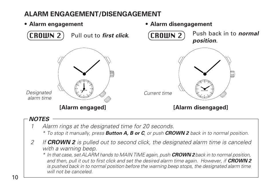 English, Alarm engagement/disengagement, Crown 2 | 1alarm rings at the designated time for 20 seconds, Alarm disengaged, Current time, Designated alarm time | Seiko 7T32 User Manual | Page 10 / 23