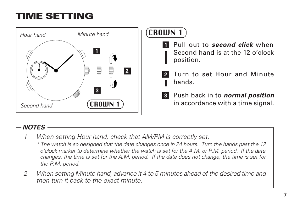 Time setting, English, Crown 1 | Seiko 7T32 User Manual | Page 7 / 23