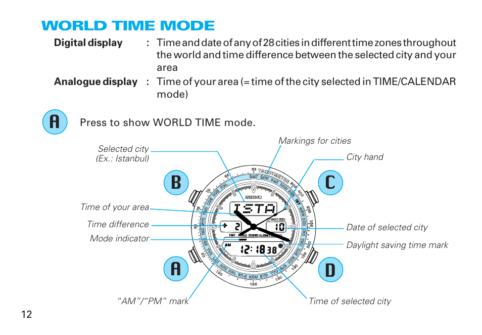 World time mode, Ba c d | Seiko CAL. H021 User Manual | Page 12 / 35