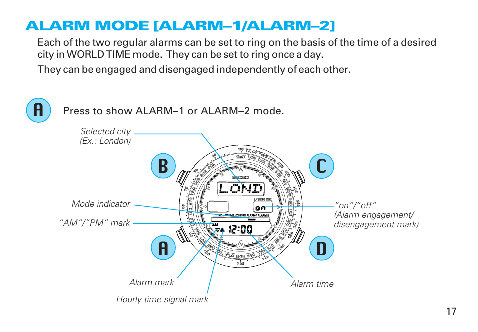 Alram mode, Alarm mode, Ba c d | Seiko CAL. H021 User Manual | Page 17 / 35