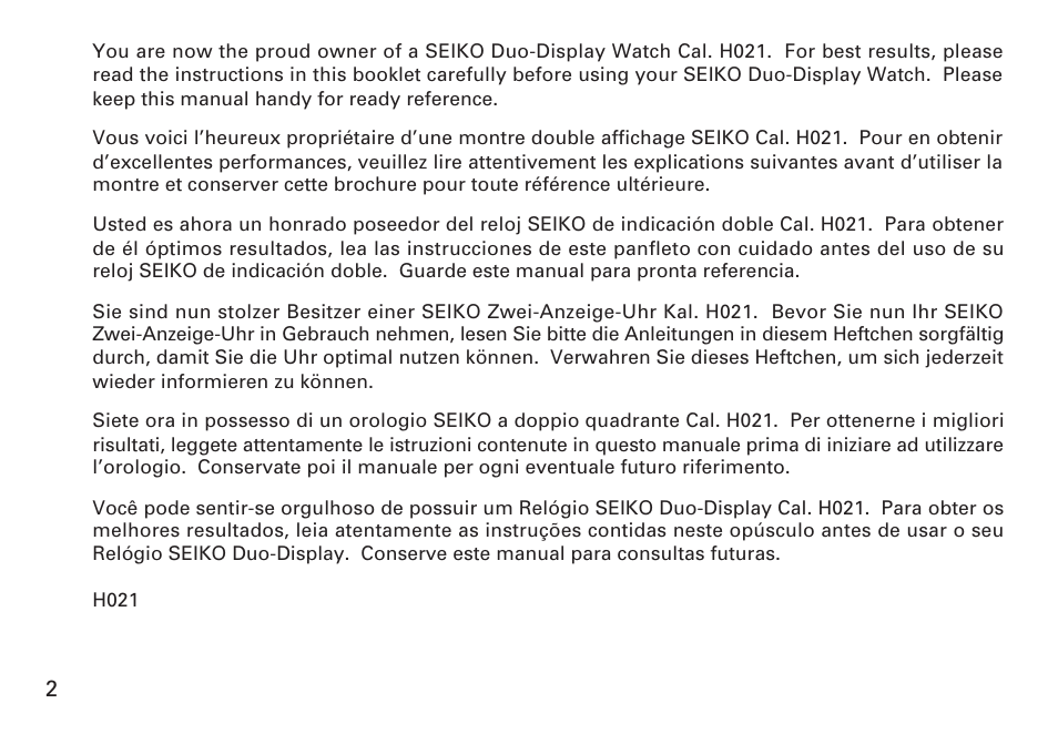 English | Seiko CAL. H021 User Manual | Page 2 / 35