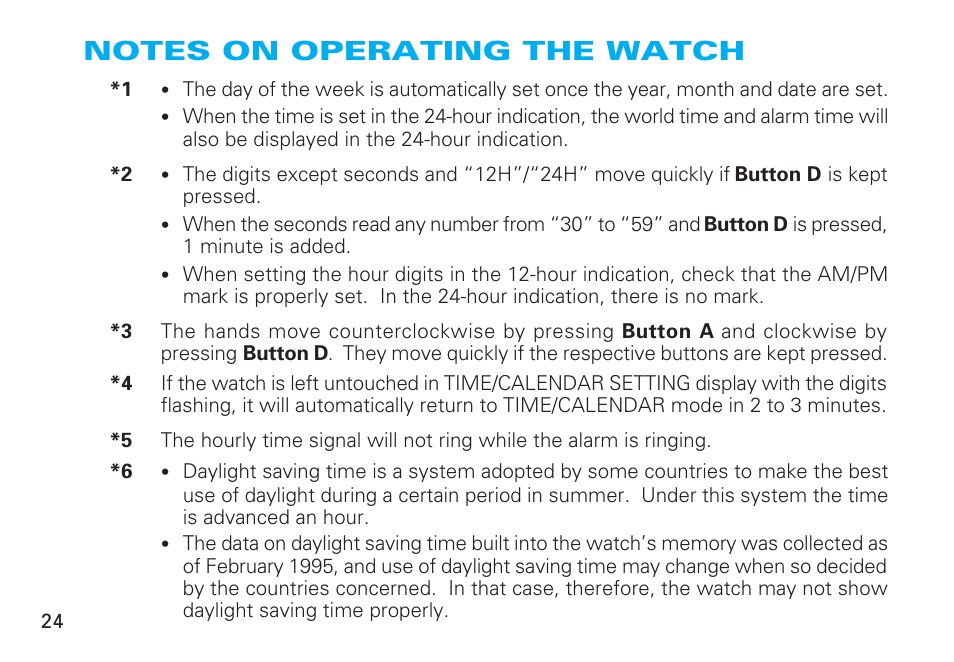Notes on operating the watch, English | Seiko CAL. H021 User Manual | Page 24 / 35