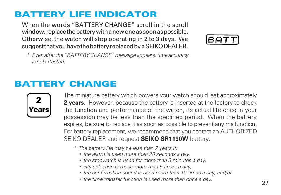 Battery life indicator, Battery change, Years | English | Seiko CAL. H021 User Manual | Page 27 / 35