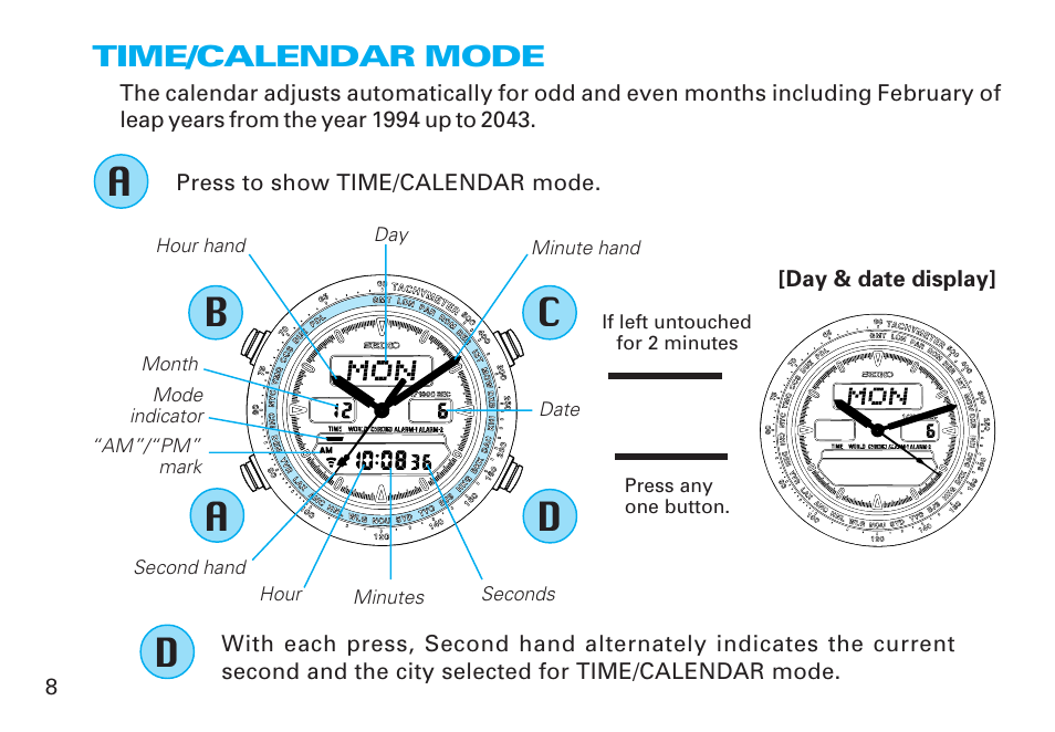 Time/calendar mode, Ab c d | Seiko CAL. H021 User Manual | Page 8 / 35