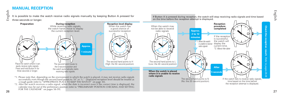Manual reception, English | Seiko 7B26 User Manual | Page 14 / 35