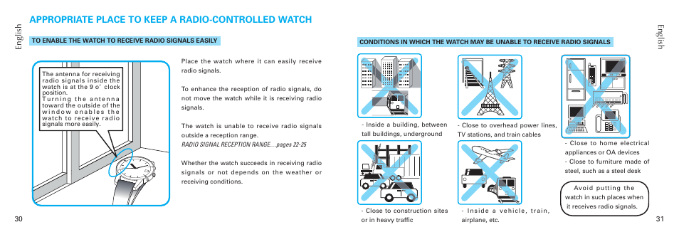 Appropriate place to keep a radio-controlled watch | Seiko 7B26 User Manual | Page 16 / 35