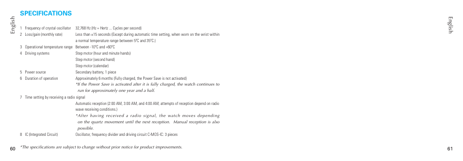 Specifications | Seiko 7B26 User Manual | Page 31 / 35