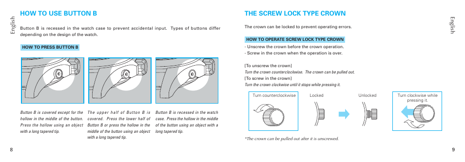 The screw lock type crown, How to use button b | Seiko 7B26 User Manual | Page 5 / 35