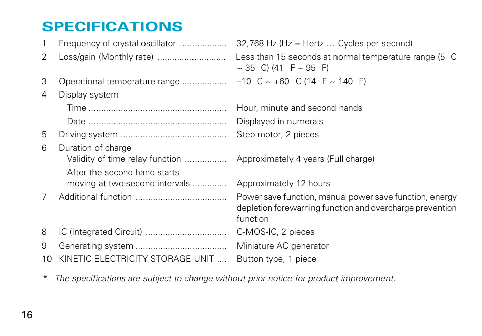 Specifications, English | Seiko Cal. 5J22 User Manual | Page 16 / 16