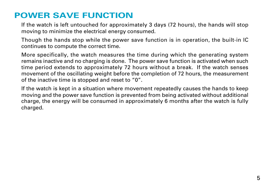 Power save function | Seiko Cal. 5J22 User Manual | Page 5 / 16