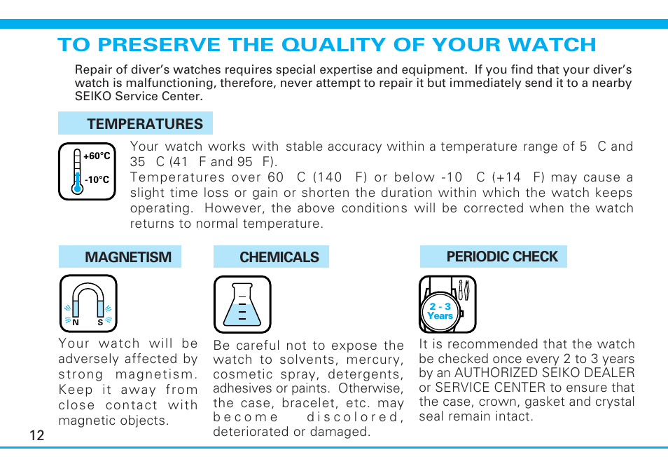 To preserve the quality of your watch, English | Seiko 7S26 User Manual | Page 12 / 13