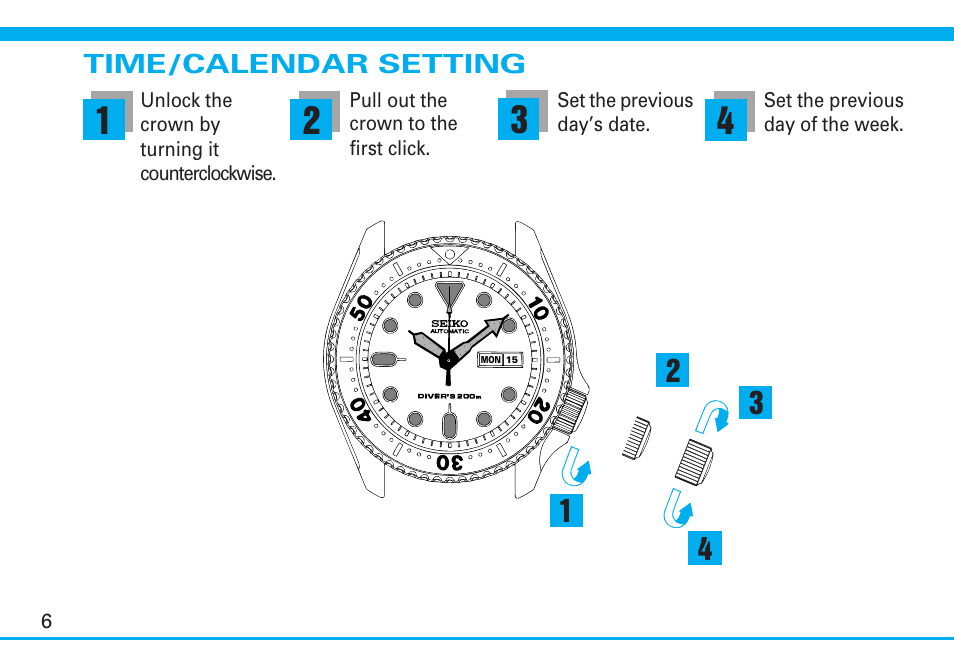 Time/calendar setting | Seiko 7S26 User Manual | Page 6 / 13