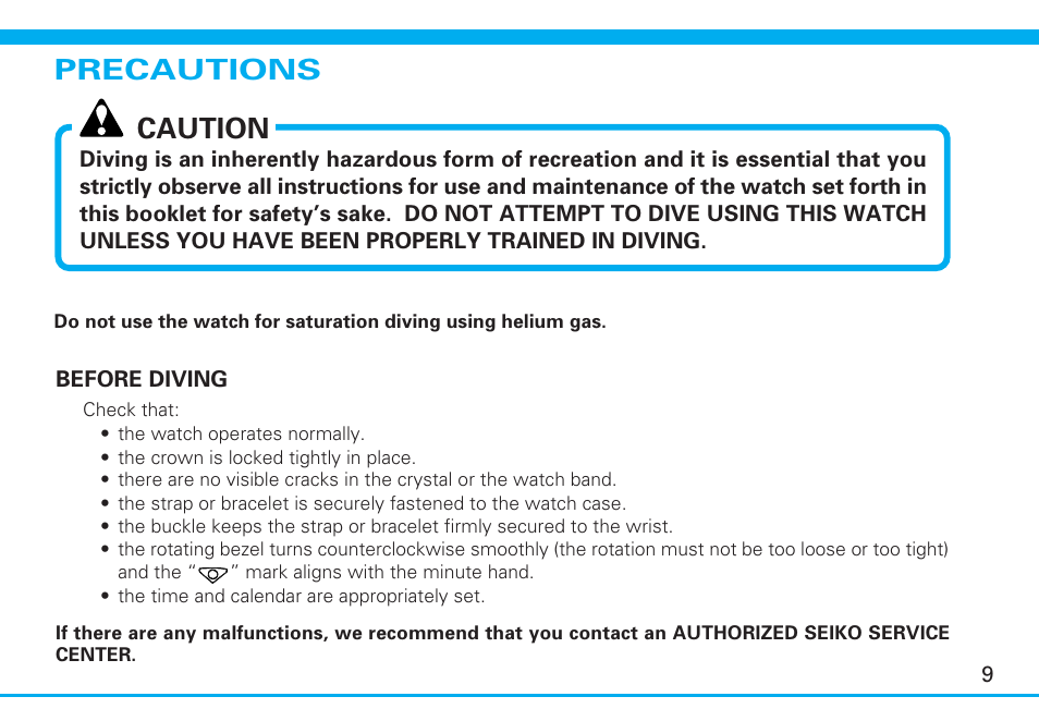 Precautions, Precautions caution | Seiko 7S26 User Manual | Page 9 / 13