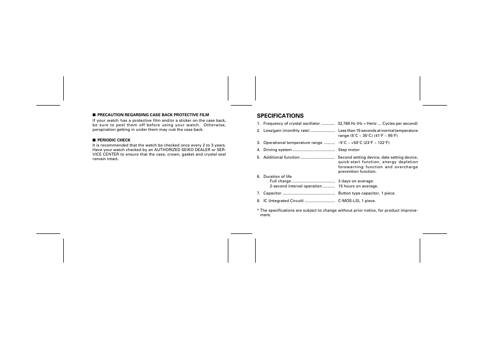 Specifications | Seiko CAL. 5Y75 User Manual | Page 11 / 11