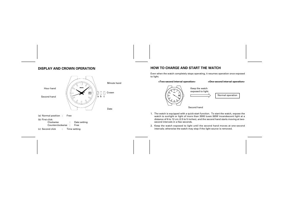 Display and crown operation, How to charge and start the watch | Seiko CAL. 5Y75 User Manual | Page 5 / 11