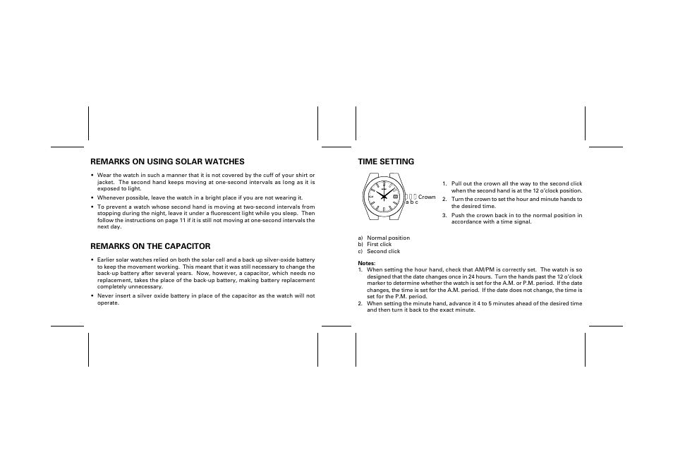 Remarks on using solar watches, Remarks on the capacitor, Time setting | Seiko CAL. 5Y75 User Manual | Page 8 / 11