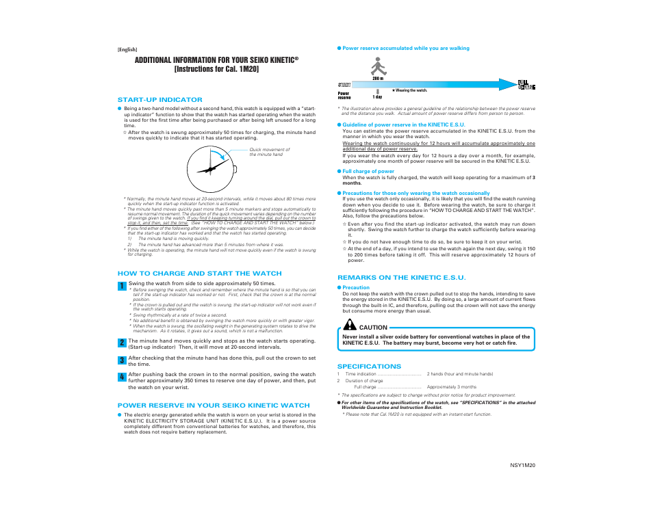 Seiko KINETIC NSY1M20 User Manual | 1 page