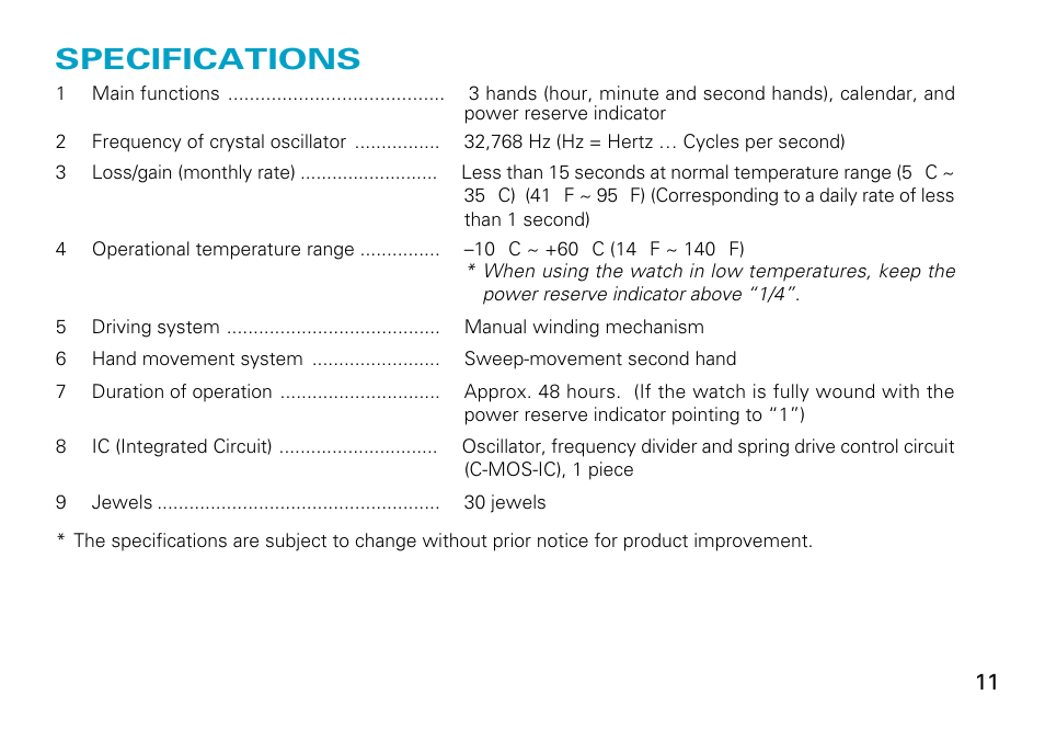 Specifications, English | Seiko 7R68 User Manual | Page 11 / 11