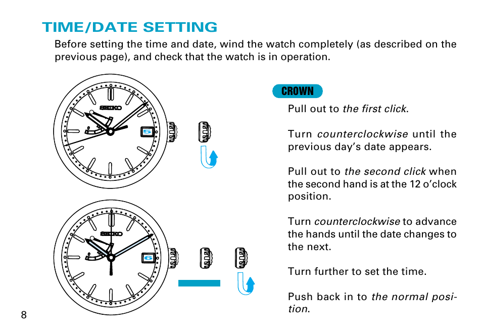 Time/date setting | Seiko 7R68 User Manual | Page 8 / 11