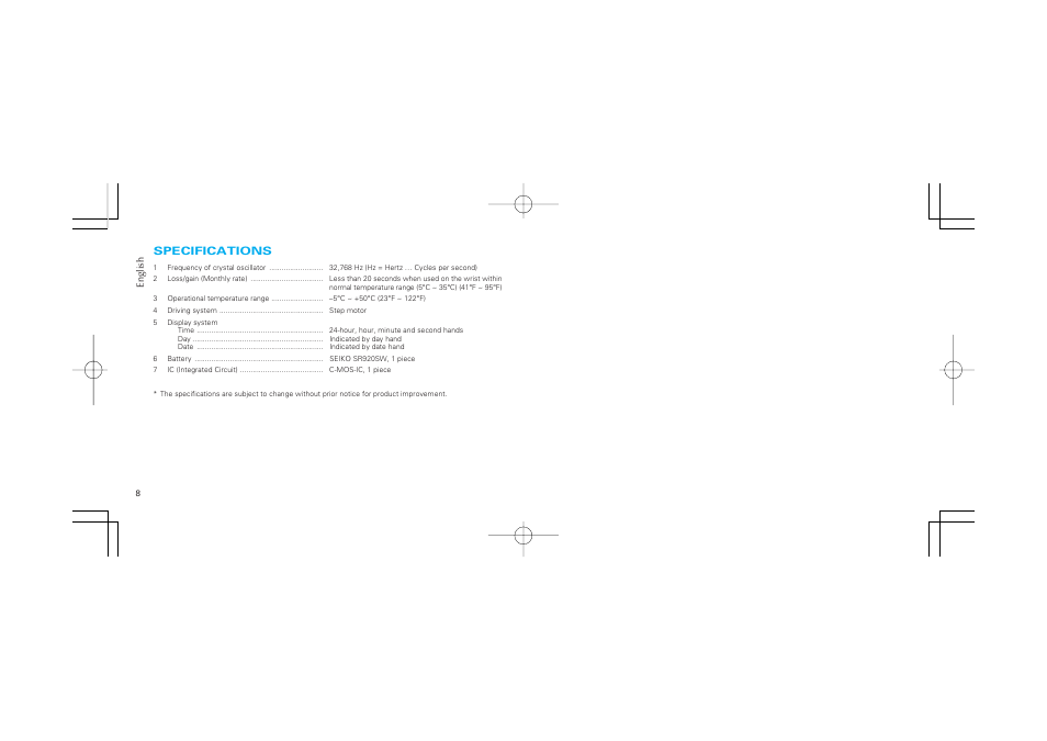 Specifications | Seiko 5Y67 User Manual | Page 5 / 5