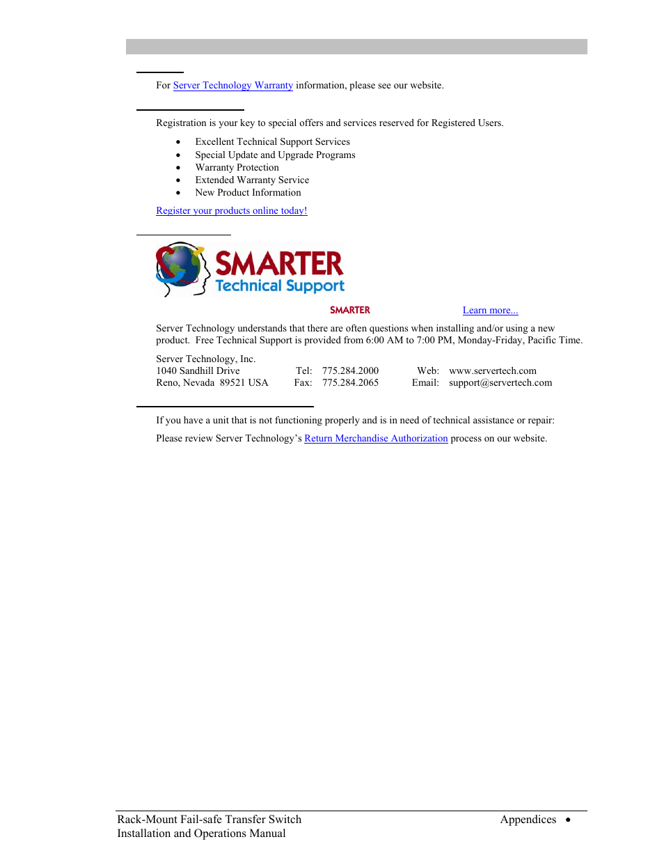 Warranty, Product registration, Technical support | Return merchandise authorization | Server Technology C-16HF1-C20 User Manual | Page 11 / 12