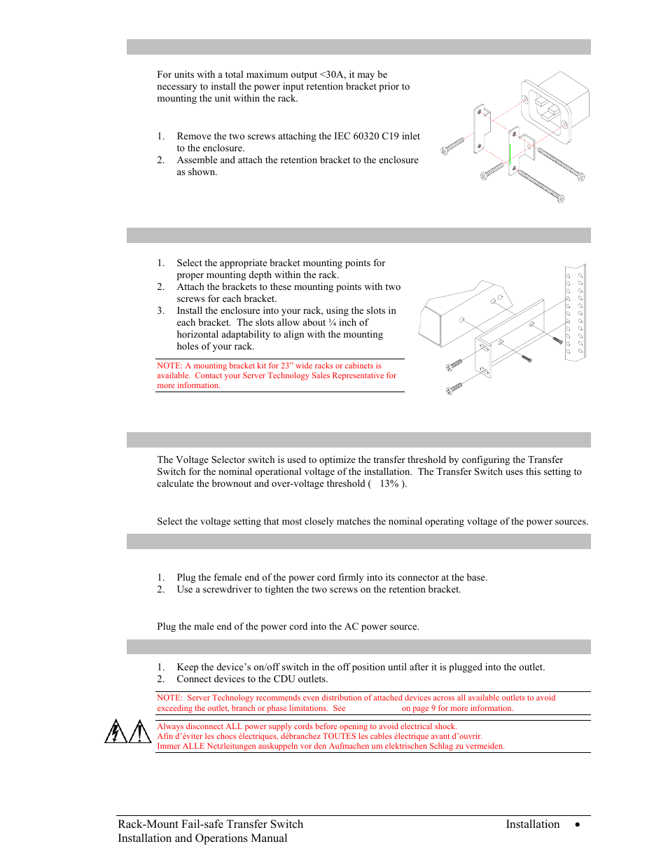 Installing the power input retention bracket, To install the power input retention bracket, Mounting | Optimizing the transfer thresholds, Connecting to the power source, Connecting devices | Server Technology C-16HF1-C20 User Manual | Page 7 / 12