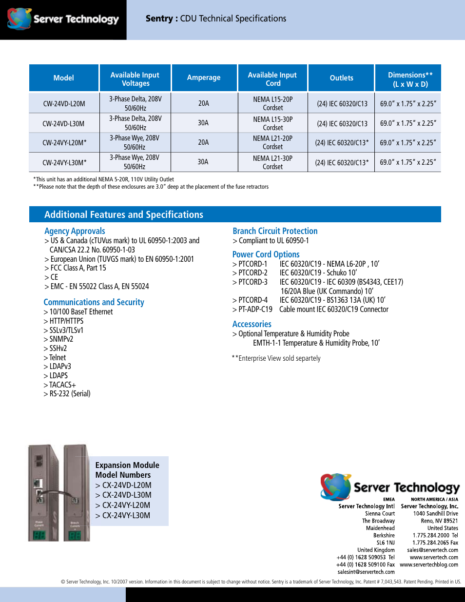 Sentry switched cdu, Cw-24vd/y, Key features | High-density power distribution, Additional benefits, Single web interface, Branch circuit protection, Input current monitoring, Temperature and humidity, Additional features and specifications | Server Technology VY-3PH User Manual | Page 2 / 2