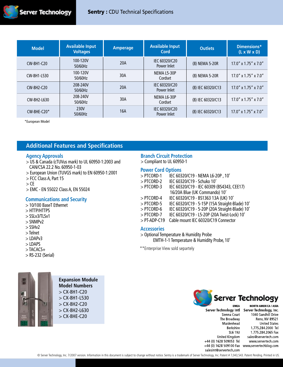 Sentry switched cdu, Cw-8h, Key features | High-density power distribution, Additional benefits, Branch circuit protection, Input current monitoring, Temperature and humidity, Additional features and specifications | Server Technology CW-8H User Manual | Page 2 / 2