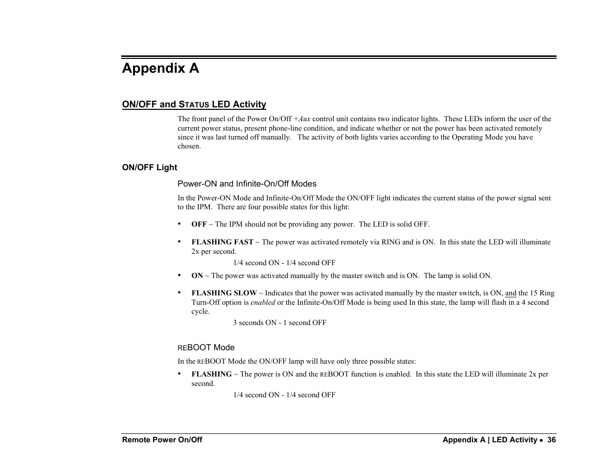 Appendix a, On/off and status led activity | Server Technology PP02 User Manual | Page 36 / 67