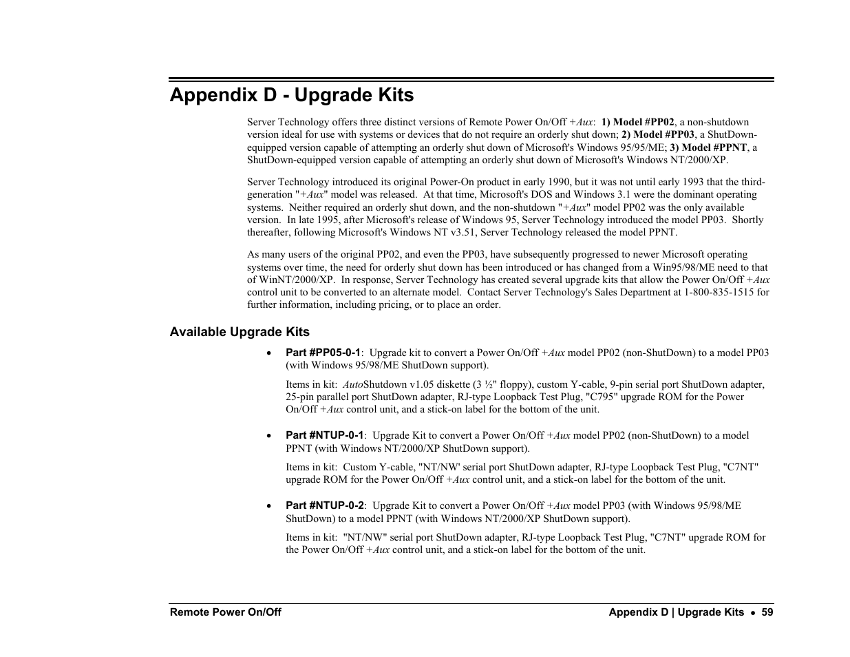 Appendix d - upgrade kits | Server Technology PP02 User Manual | Page 59 / 67