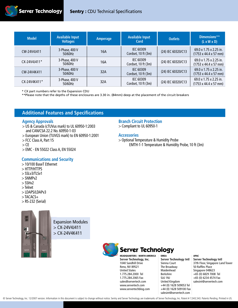 Sentry switched cdu, Cw-24v4, Key features | High density power distribution, Additional benefits, Input current monitoring, Temperature and humidity, Additional features and specifications, Branch circuit protection | Server Technology CDUCW-24V4 User Manual | Page 2 / 2
