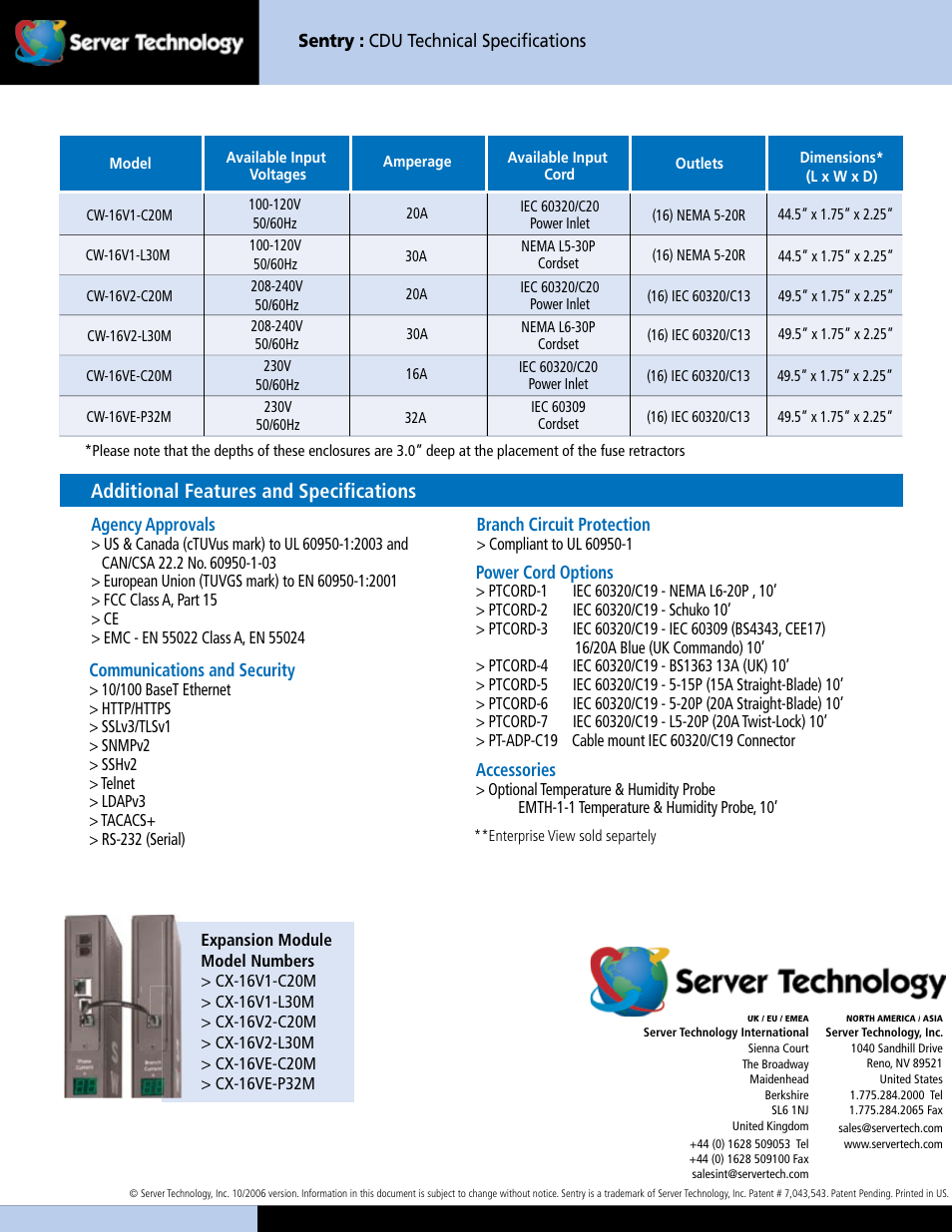 Sentry switched cdu, Cw-16v, Key features | High-density power distribution, Additional benefits, Single web interface, Branch circuit protection, Input current monitoring, Temperature and humidity, Additional features and specifications | Server Technology CW-16V User Manual | Page 2 / 2