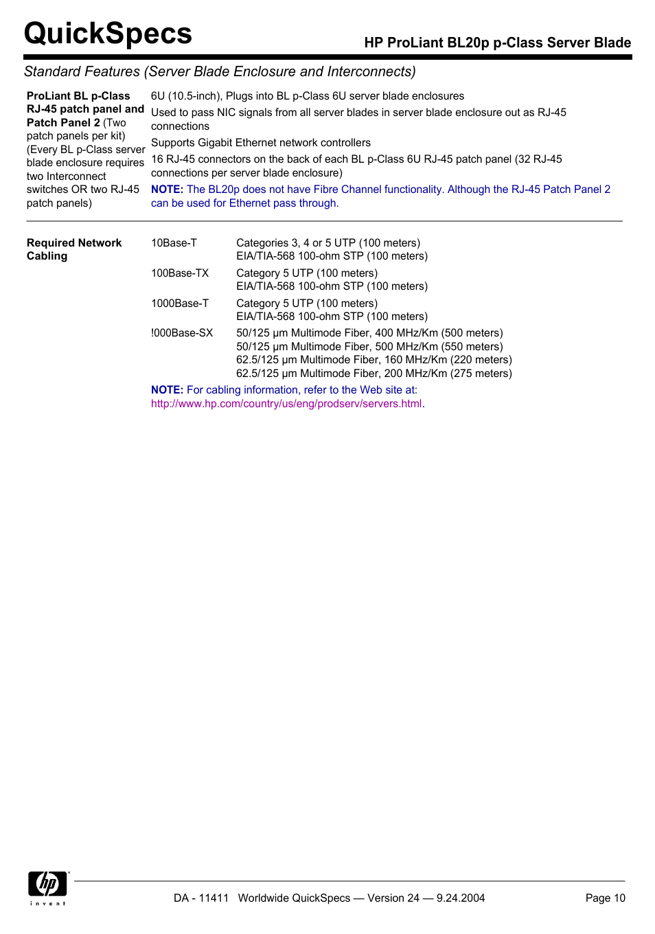 Quickspecs | Server Technology QUICKSPECS BL20P User Manual | Page 10 / 34