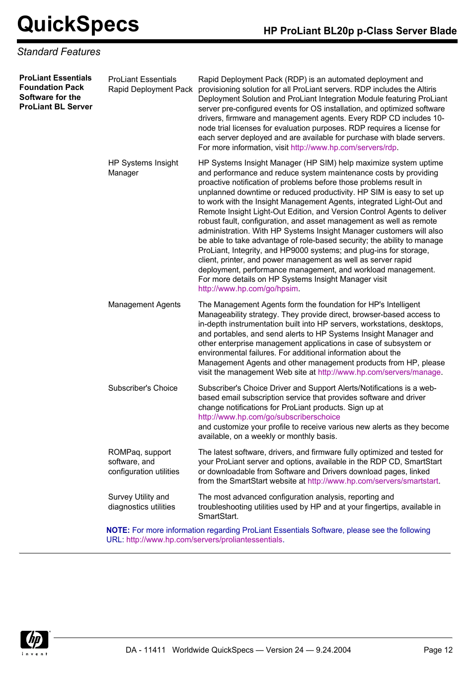 Standard features, Quickspecs | Server Technology QUICKSPECS BL20P User Manual | Page 12 / 34