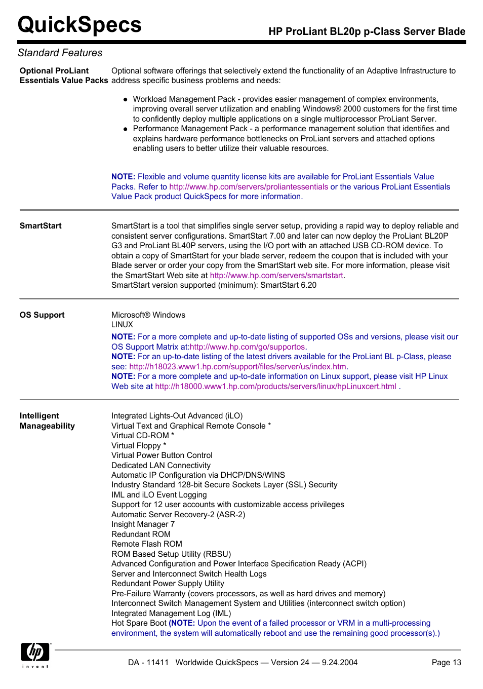 Quickspecs | Server Technology QUICKSPECS BL20P User Manual | Page 13 / 34