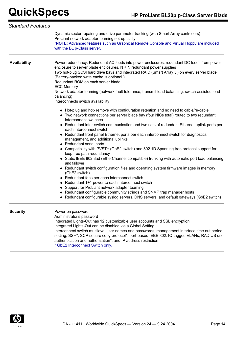 Quickspecs | Server Technology QUICKSPECS BL20P User Manual | Page 14 / 34