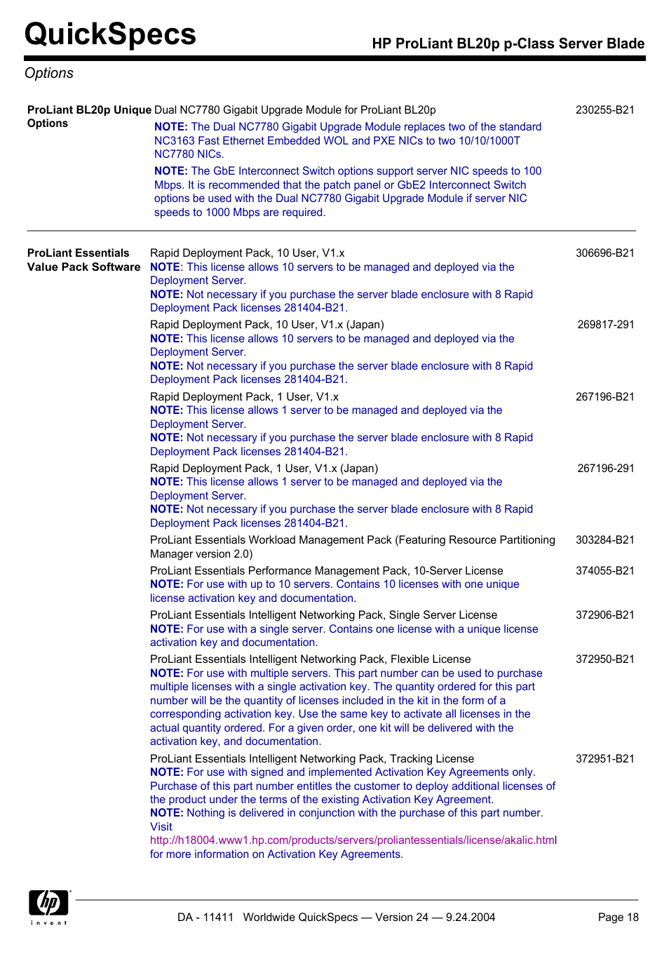 Options, Quickspecs, Hp proliant bl20p p-class server blade options | Server Technology QUICKSPECS BL20P User Manual | Page 18 / 34