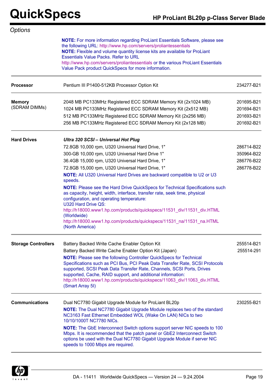 Quickspecs, Hp proliant bl20p p-class server blade options | Server Technology QUICKSPECS BL20P User Manual | Page 19 / 34