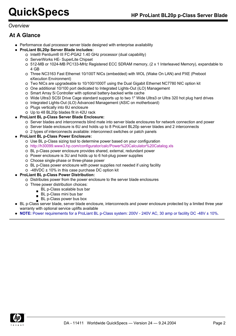 Quickspecs, At a glance | Server Technology QUICKSPECS BL20P User Manual | Page 2 / 34
