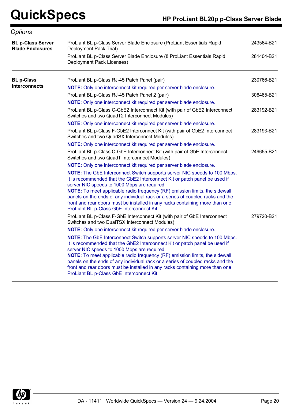 Quickspecs, Hp proliant bl20p p-class server blade options | Server Technology QUICKSPECS BL20P User Manual | Page 20 / 34