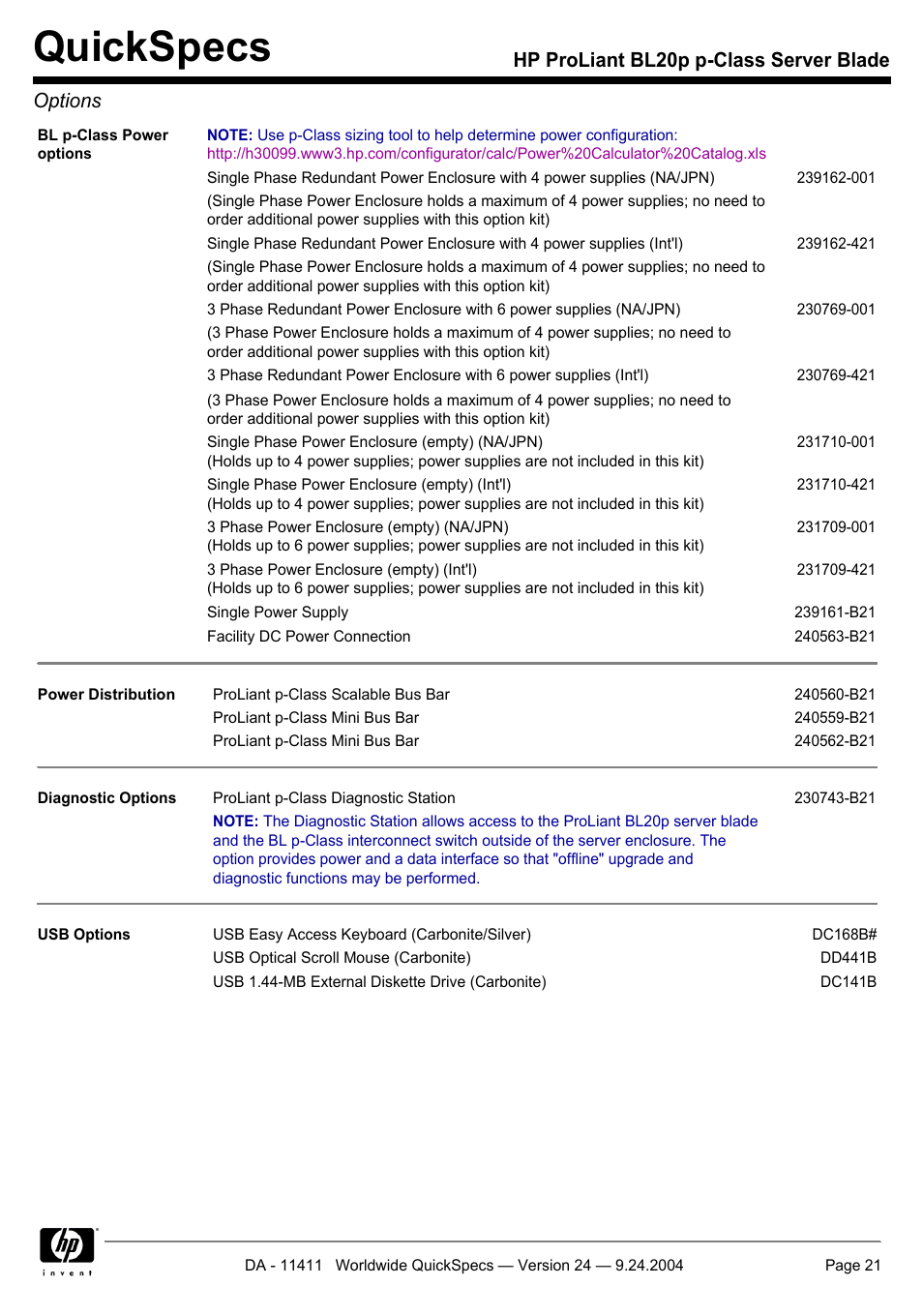 Quickspecs, Hp proliant bl20p p-class server blade options | Server Technology QUICKSPECS BL20P User Manual | Page 21 / 34