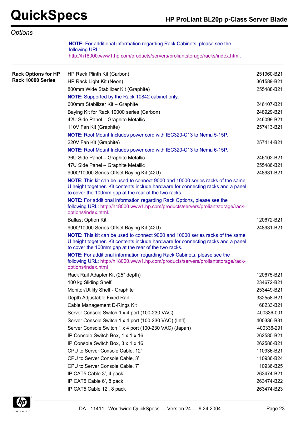 Quickspecs, Hp proliant bl20p p-class server blade options | Server Technology QUICKSPECS BL20P User Manual | Page 23 / 34