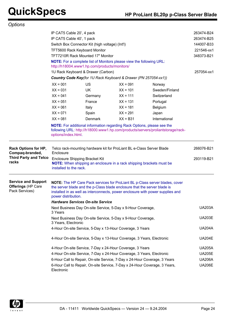 Quickspecs, Hp proliant bl20p p-class server blade options | Server Technology QUICKSPECS BL20P User Manual | Page 24 / 34